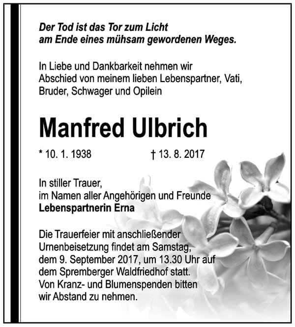 Traueranzeige Manfred Ulbrich