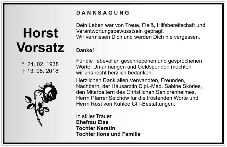 Danksagung Horst Vorsatz