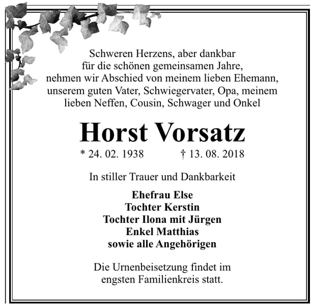 Traueranzeige Horst Vorsatz