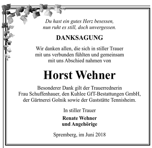 Danksagung Horst Wehner