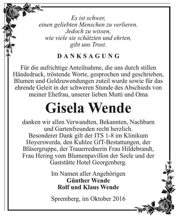 Danksagung Gisela Wende