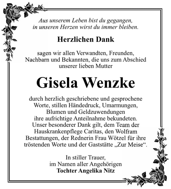 Danksagung Gisela Wenzke