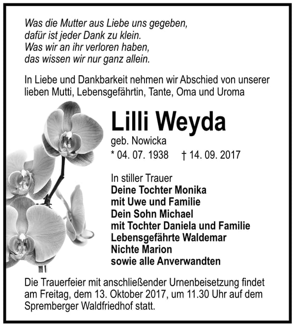 Traueranzeige Lilli Weyda, geb. Nowicka