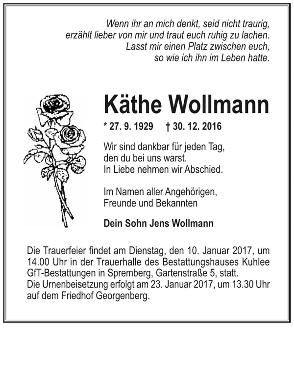 Traueranzeige Käthe Wollmann