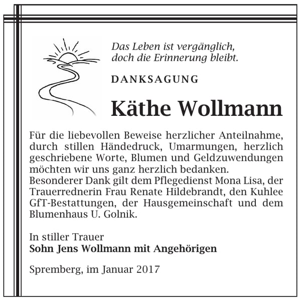 Danksagung Käthe Wollmann