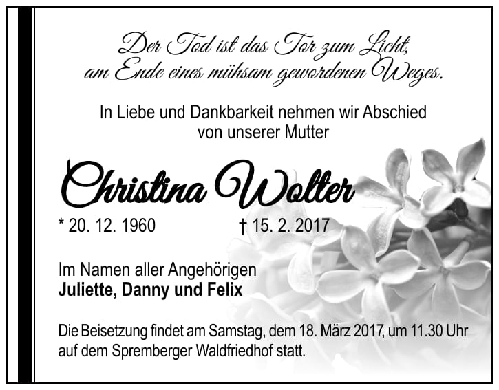 Traueranzeige Christina Wolter