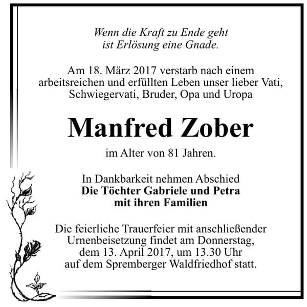 Traueranzeige Manfred Zober