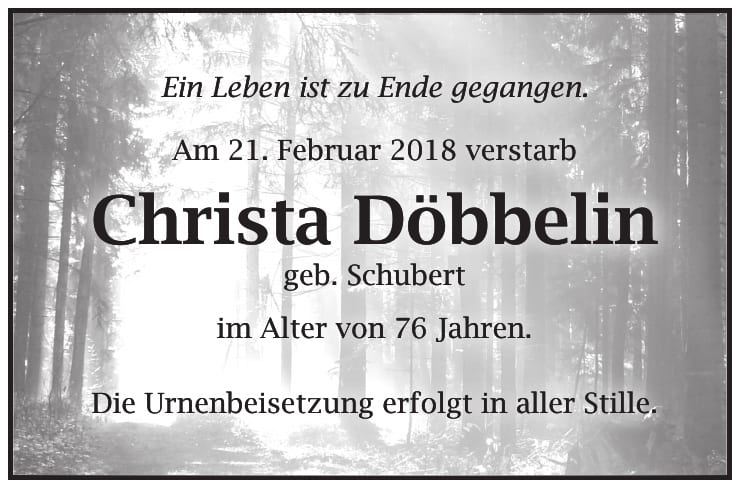 Traueranzeige Christa Döbbelin geb. Schubert