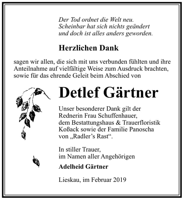 Traueranzeige Detlef Gärtner