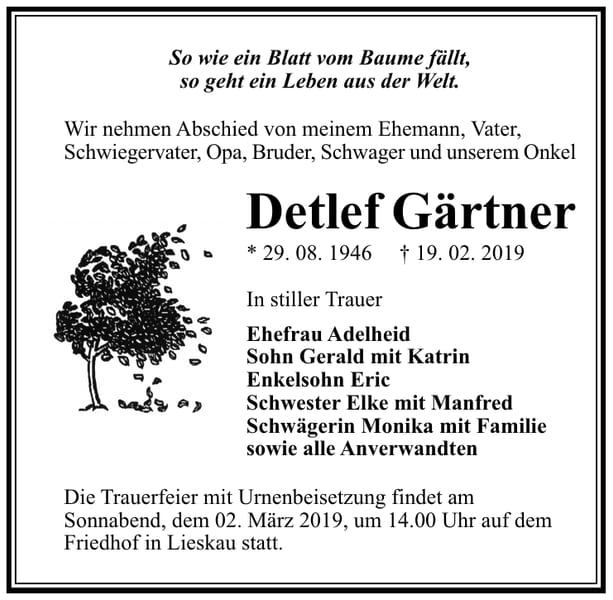 Traueranzeige Detlef Gärtner