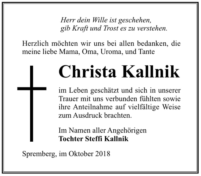 Danksagung Christa Kallnik
