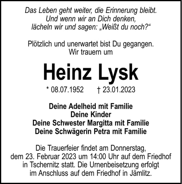 Traueranzeige Heinz Lysk