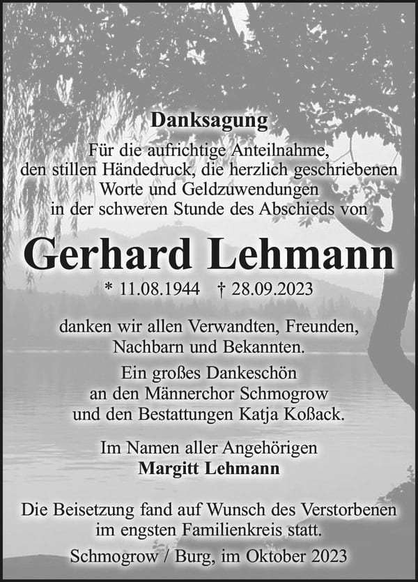 Danksagung Gerhard Lehmann