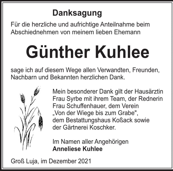 Danksagung Günther Kuhlee