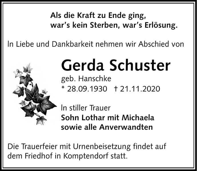 Traueranzeige Gerda Schuster, geb. Hanschke