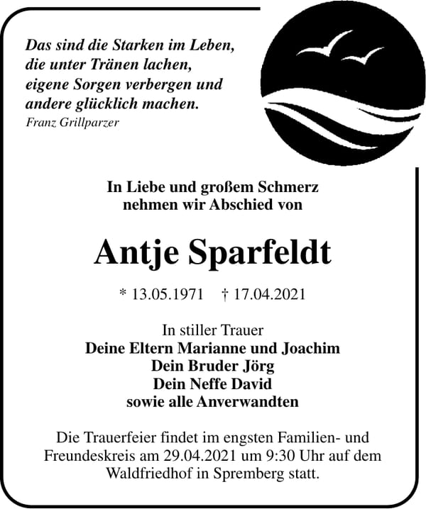 Traueranzeige Antje Sparfeldt
