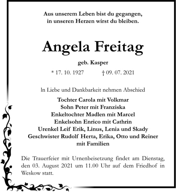 Traueranzeige Angela Freitag, geb. Kasper