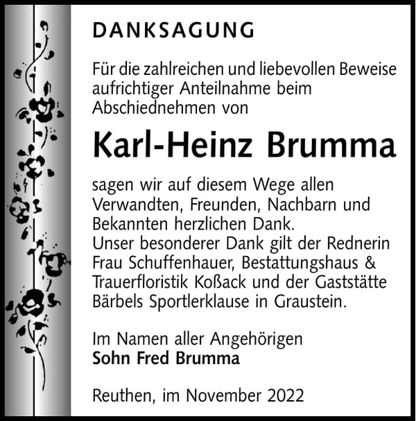 Danksagung Karl-Heinz Brumma