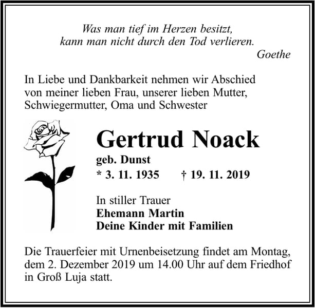 Traueranzeige Gertrud Noack, geb. Dunst
