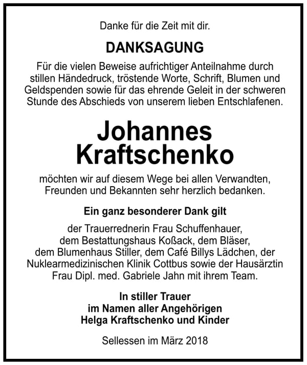 Danksagung Johannes Kraftschenko