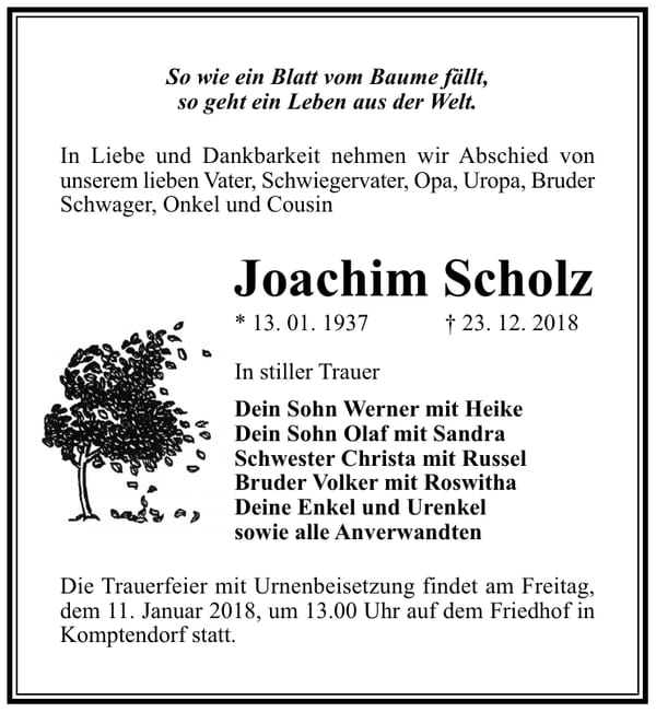 Traueranzeige Joachim Scholz