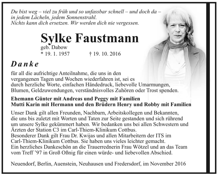 Danksagung Sylke Faustmann, geb. Dabow