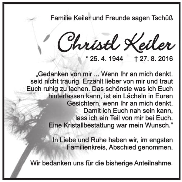 Traueranzeige Christl Keiler