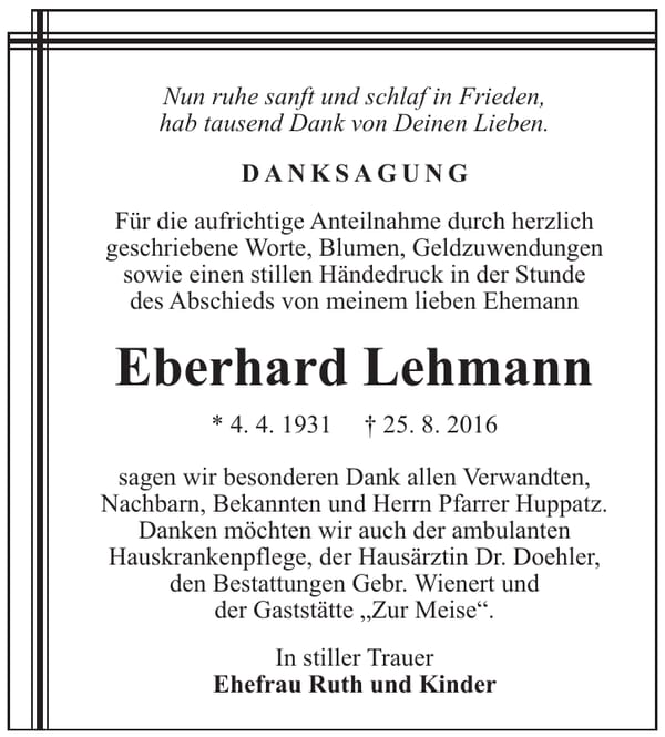 Danksagung Eberhard Lehmann