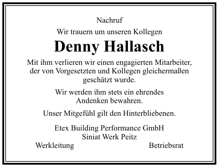 Traueranzeige Denny Hallasch