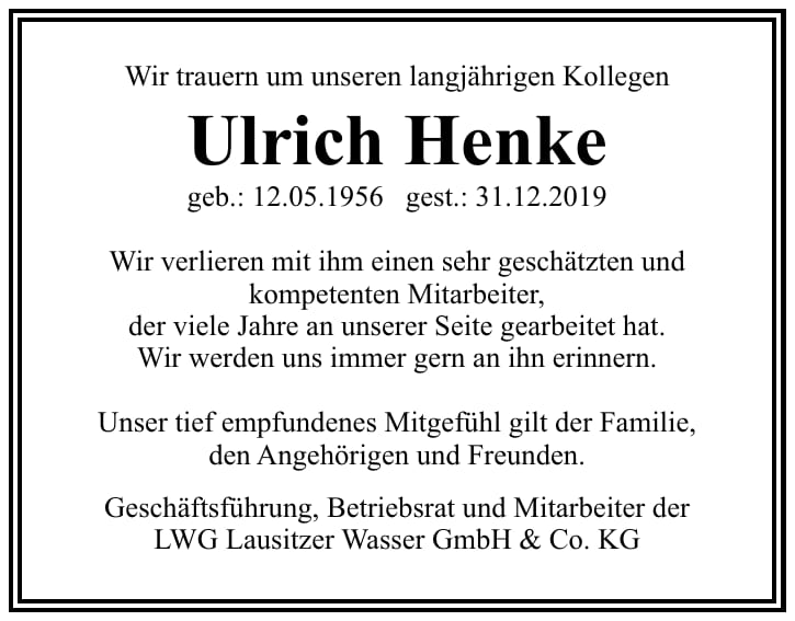 Traueranzeige Ulrich Henke