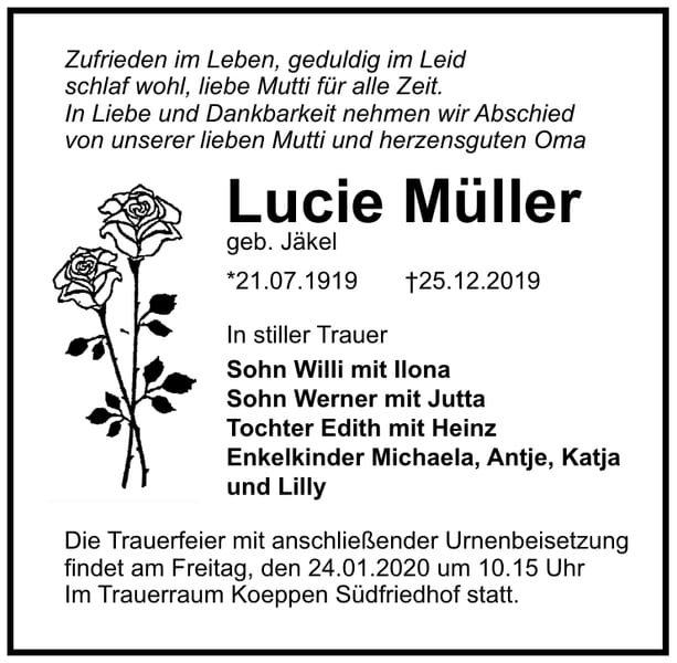Traueranzeige Lucie Müller, geb. Jäkel