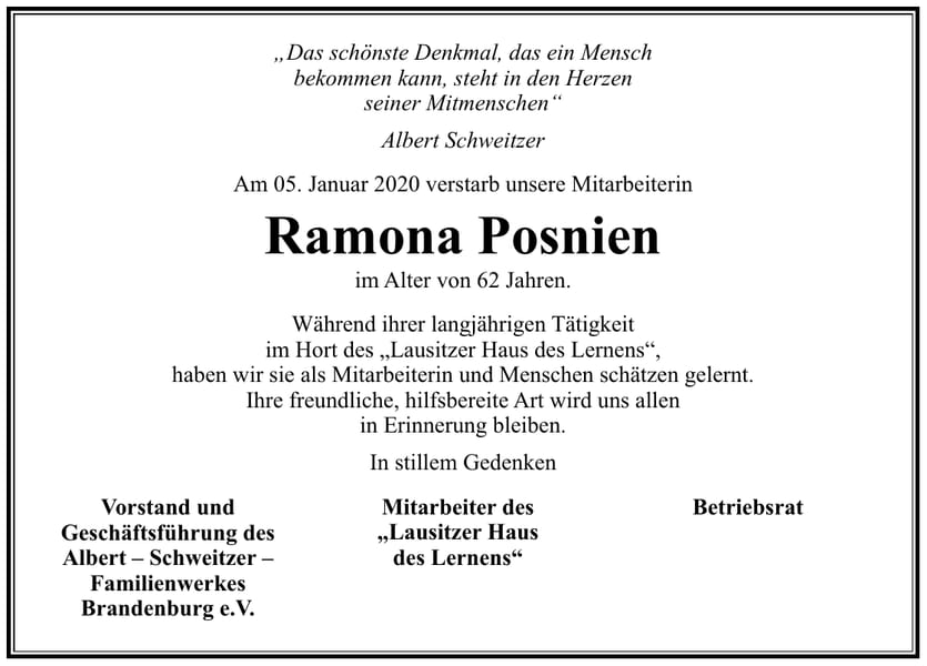 Traueranzeige Ramona Posnien