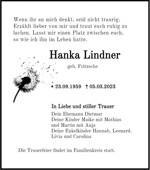 Traueranzeige Hanka Lindner, geb. Fritzsche