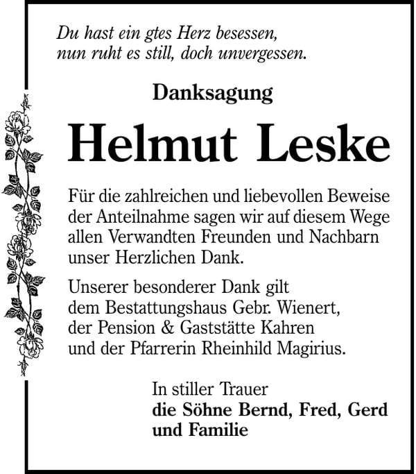 Danksagung Helmut Leske