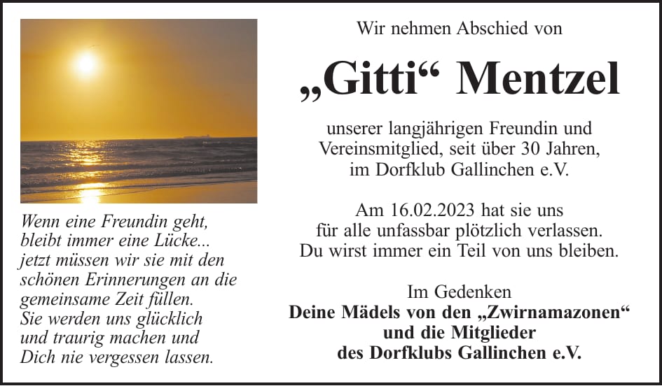 Nachruf „Gitti“ Mentzel