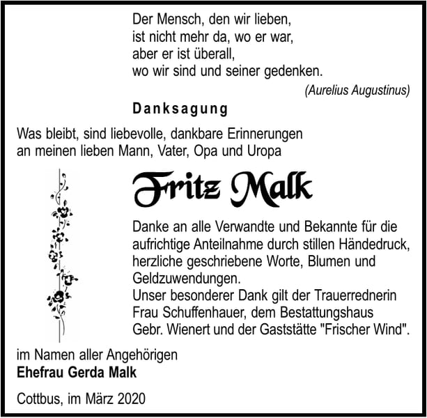Danksagung Fritz Malk