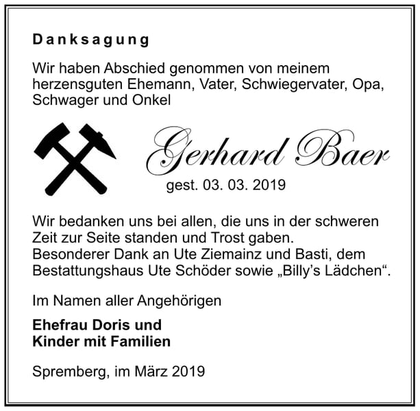 Traueranzeige Gerhard Baer