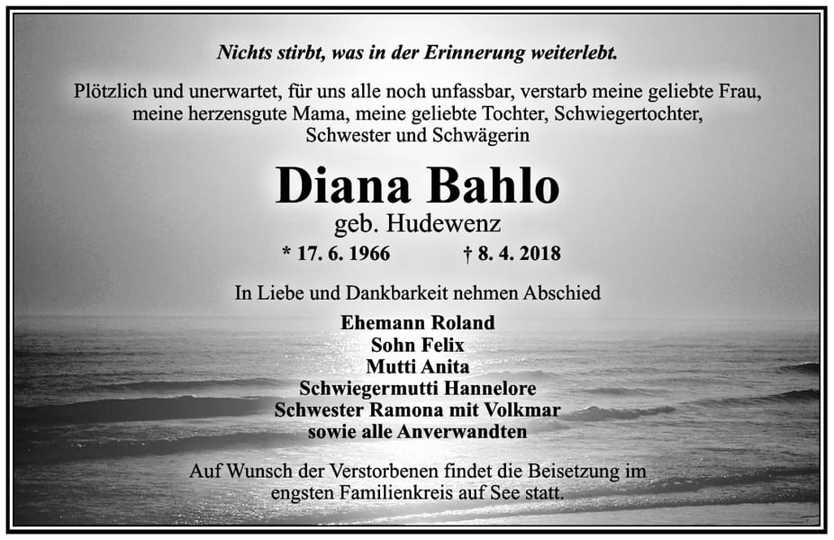 Traueranzeige Diana Bahlo, geb. Hudewenz