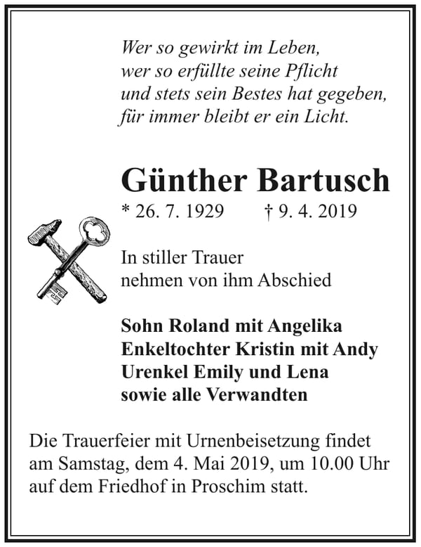 Traueranzeige Günther Bartusch