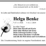 Traueranzeige Helga Benke