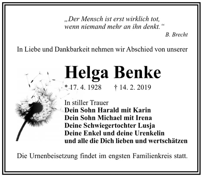 Traueranzeige Helga Benke