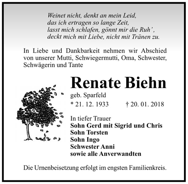 Traueranzeige Renate Biehn, geb. Sparfeld