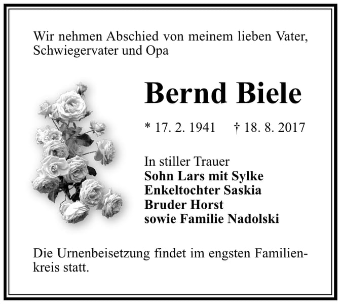 Traueranzeige Bernd Biele