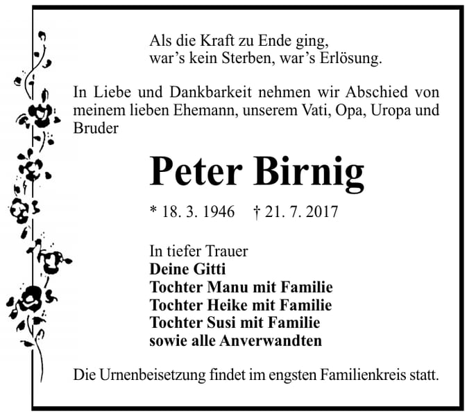Traueranzeige Peter Birnig