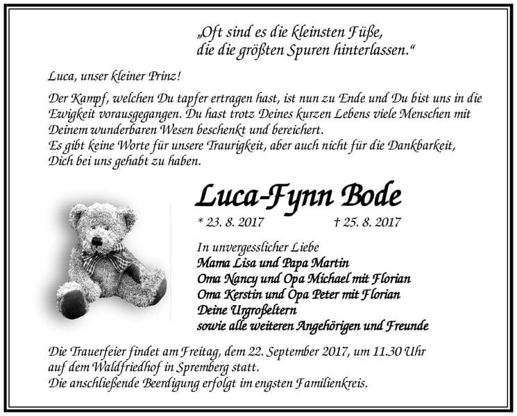 Traueranzeige Luca-Fynn Bode