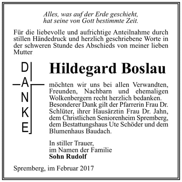 Danksagung Hildegard Boslau