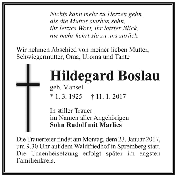 Traueranzeige Hildegard Boslau, geb. Mansel