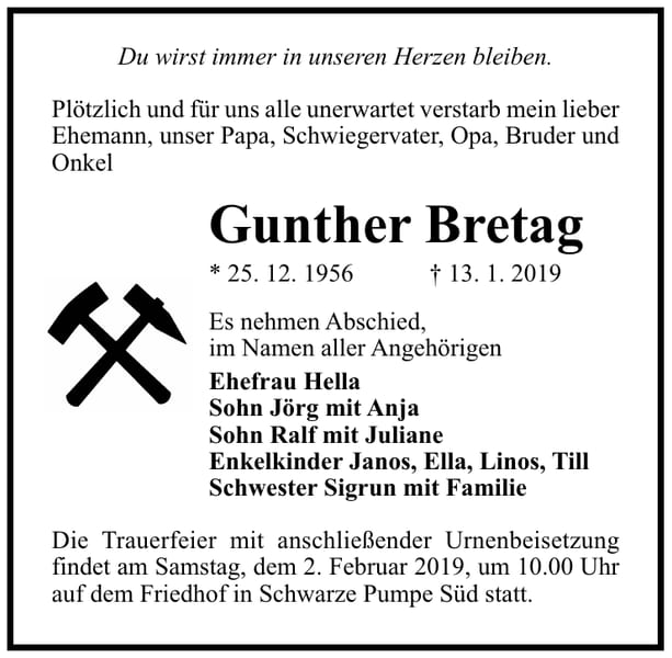 Traueranzeige Gunther Bretag