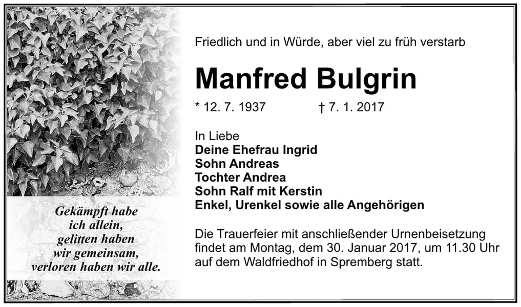 Traueranzeige Manfred Bulgrin