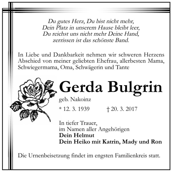 Traueranzeige Gerda Bulgrin, geb. Nakoinz